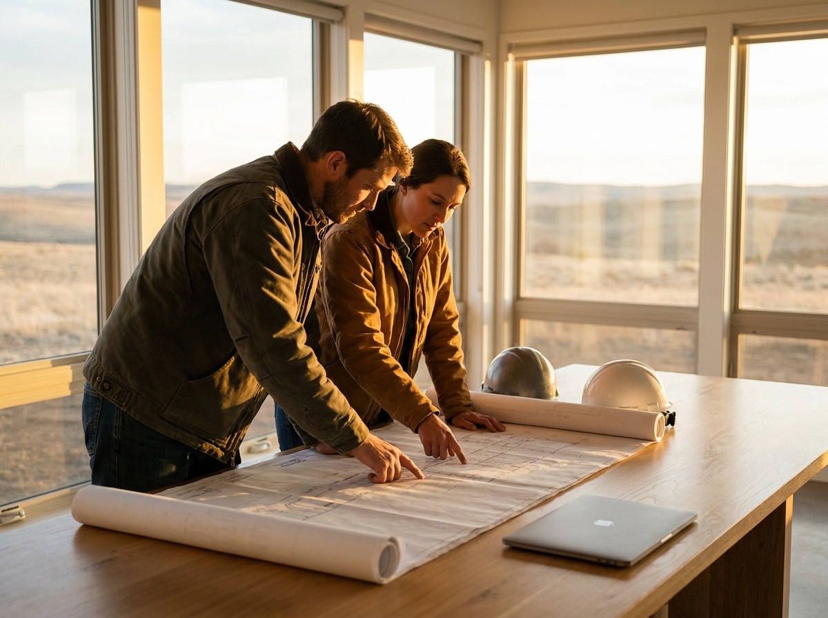 Mister Engineering Works engineers reviewing drawings in their Cheyenne office
