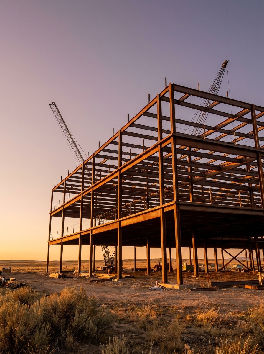 Steel framing on a Mister Engineering Works project against the Wyoming high plains